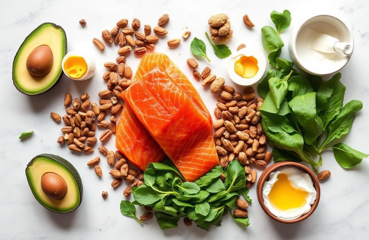 Aliments cétogènes : avocat, œufs, saumon, noix